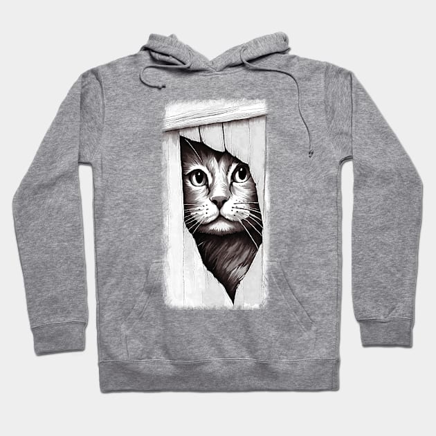 Hello - Cat looking through fence Hoodie by Off the Page